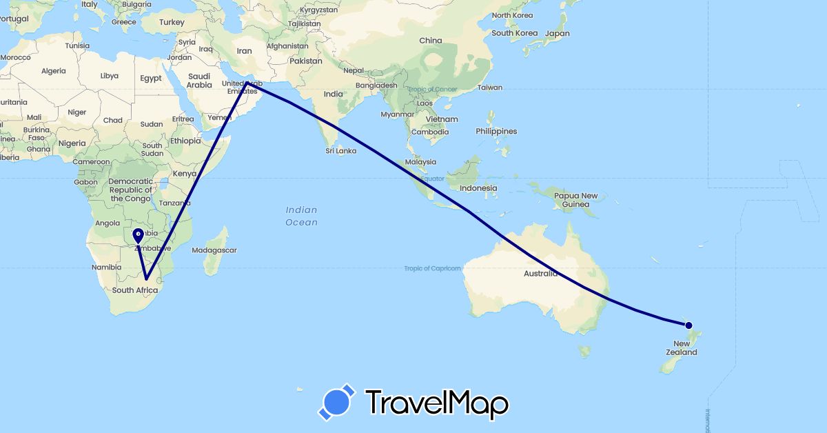 TravelMap itinerary: driving in United Arab Emirates, Indonesia, New Zealand, South Africa, Zambia (Africa, Asia, Oceania)